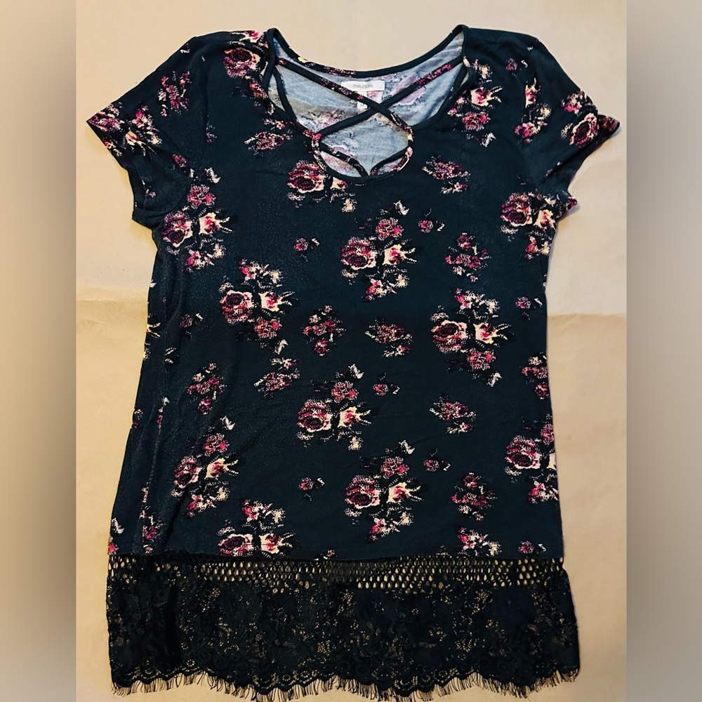 Maurices Black and Pink Floral Crisscross Top